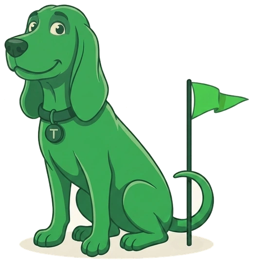 Trusty sitting proud at his green flag